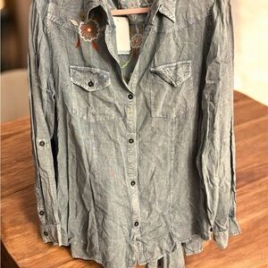 Nostalgia Blue Button Down Shirt with Floral Embroidery